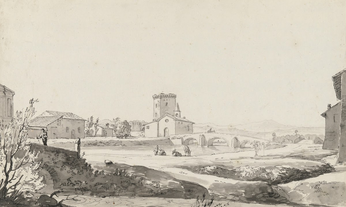 A village on a river with a three arched bridge beside a small church and a fort