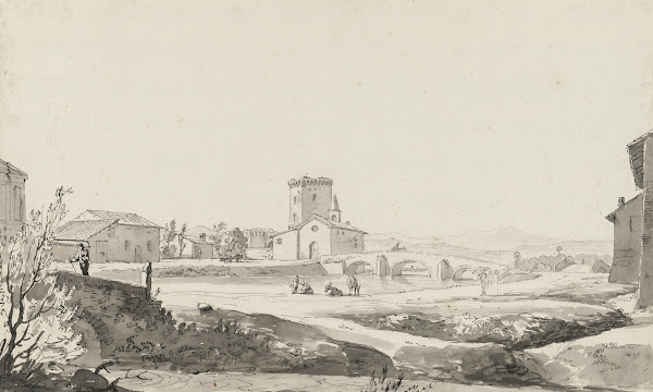 A village on a river with a three arched bridge beside a small church and a fort