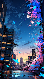 Japanese Cityscape Cherry Blossoms and Blue Butterflies