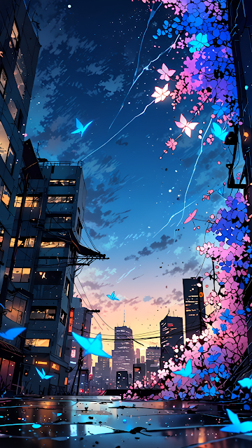 Japanese Cityscape Cherry Blossoms and Blue Butterflies