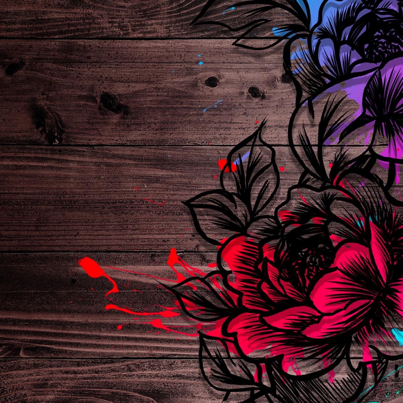 Download Colorful Floral Sketch on Wood Full HD iPhone