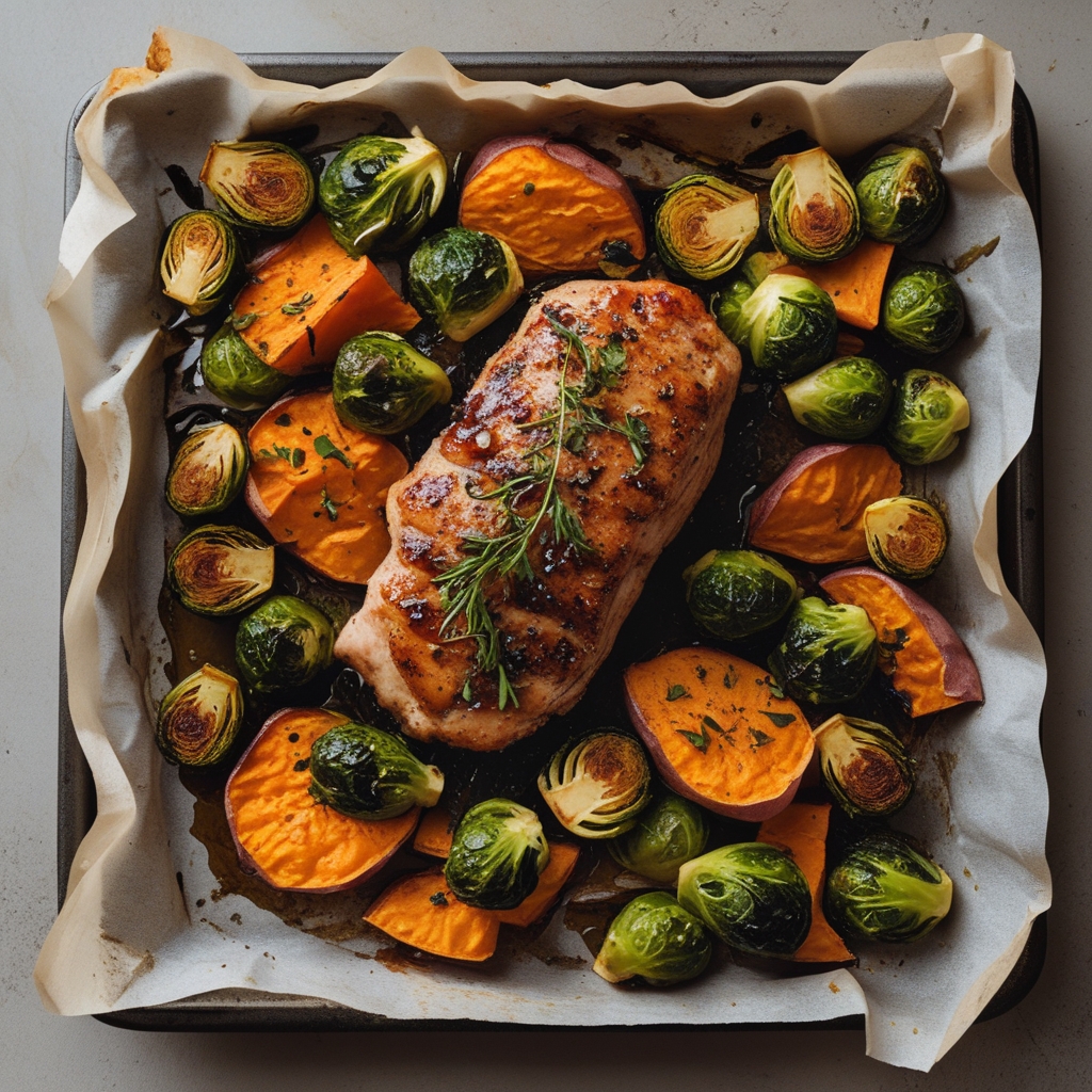 Sheet Pan Hot Honey Garlic Pork & Crispy Root Veggies