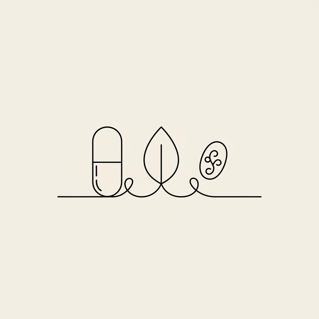 Minimal Tonum-style vector line icon of a connected capsule, leaf, and mitochondrion motif on beige background to represent increase AMPK levels naturally