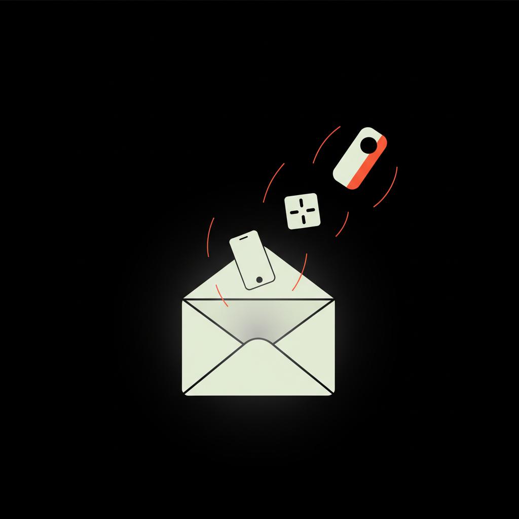 Minimal 2D vector of a locked envelope opening with phone, backup-code squares, and a hardware key icon on black background — how do I recover my Google email