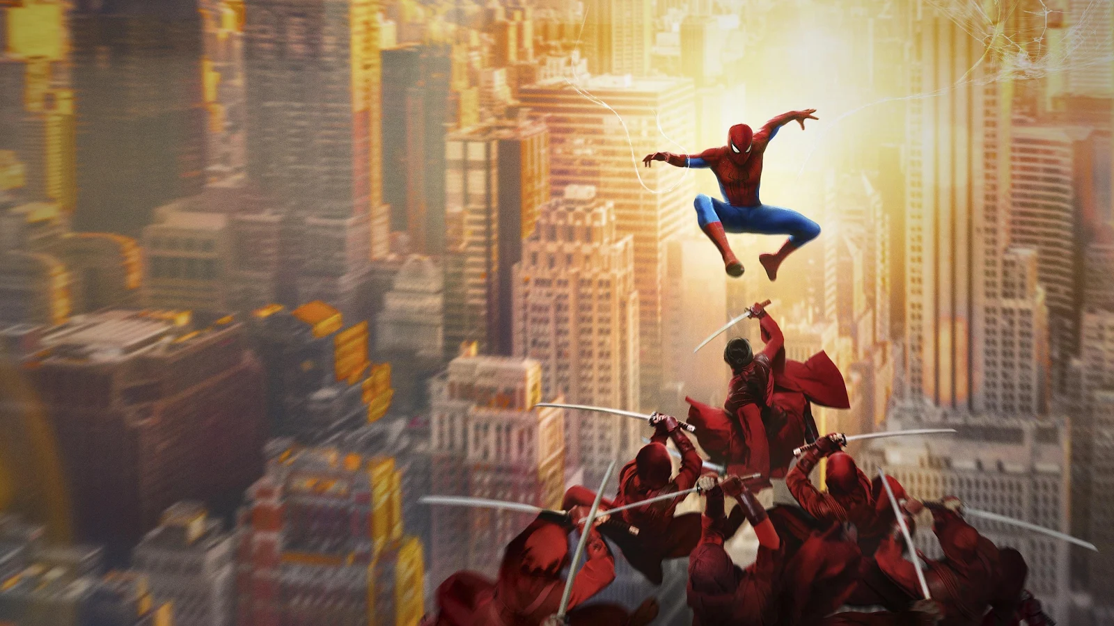 Spider-Man Fighting Red Ninjas - Digital Illustration 4K Wallpaper (3840x2160)