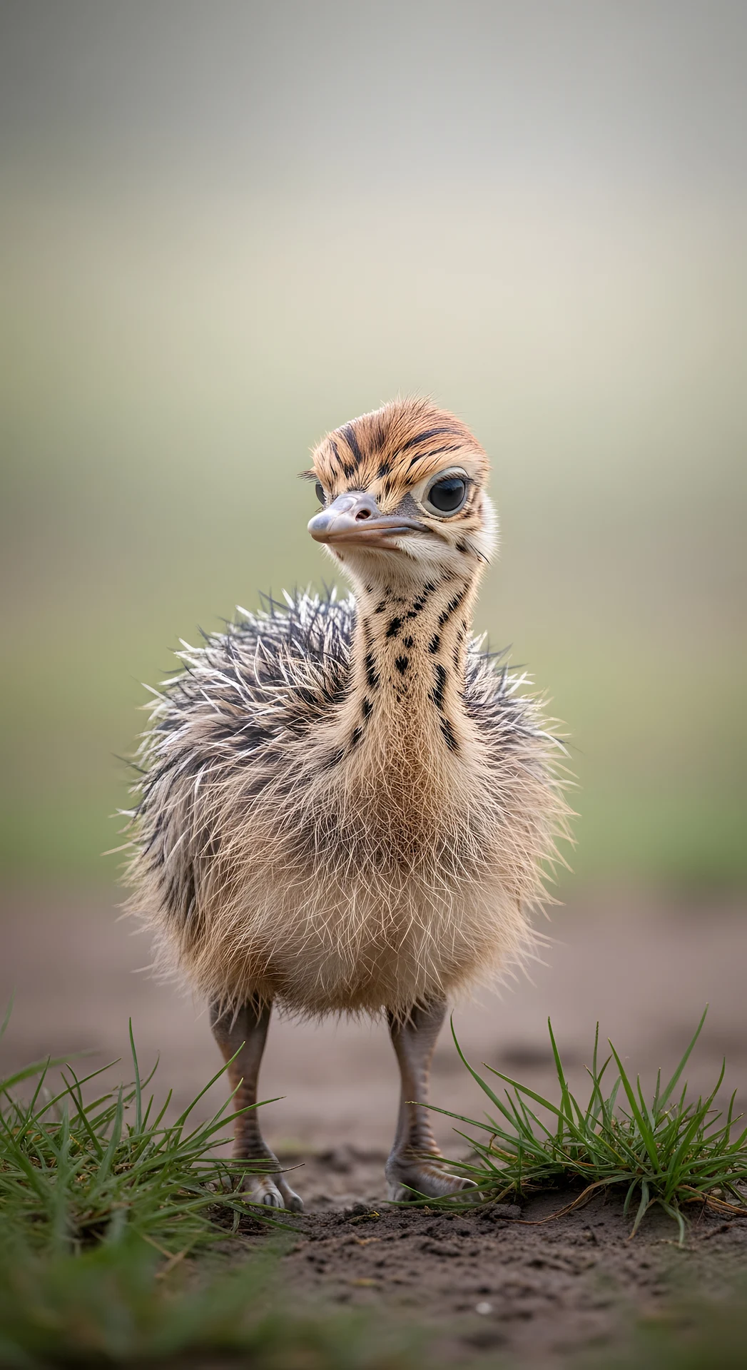 Close-up Portrait of a Fluffy, Wet Ostrich Chick Standing in Green Grass - Free 4K mobile Wallpaper
