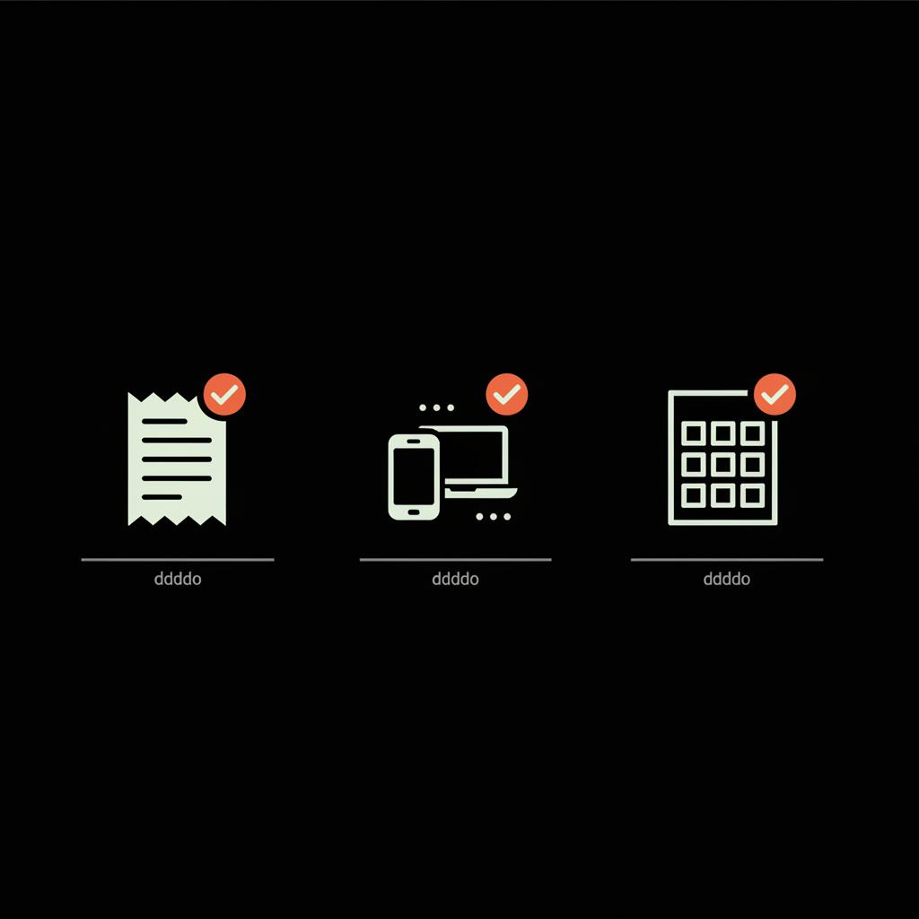 Minimal 2D vector checklist infographic to recover yahoo account showing three icons: receipt, devices list, and template on black background with brand colors.