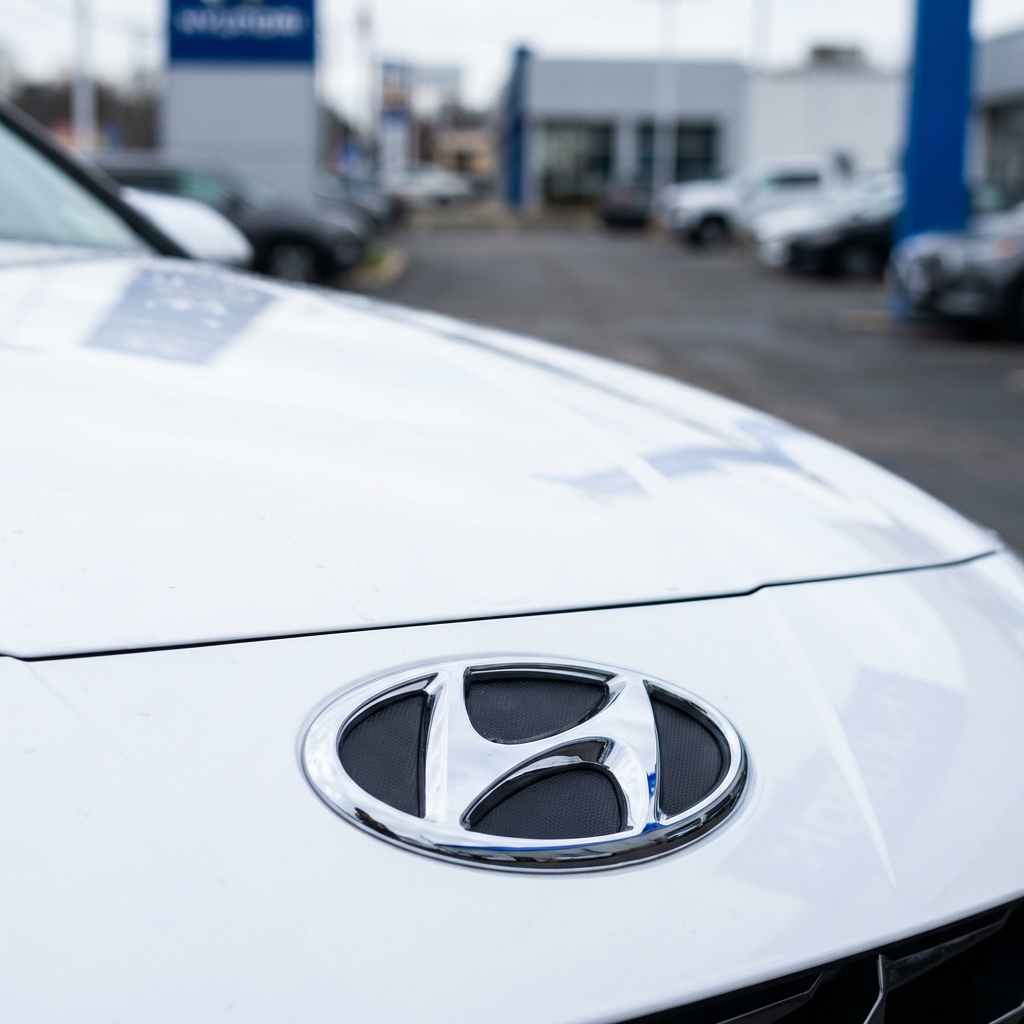 Close up Hyundai badge on white car hood with blurred dealership lot background natural lighting shallow depth of field What is the best month to buy a Hyundai car?
