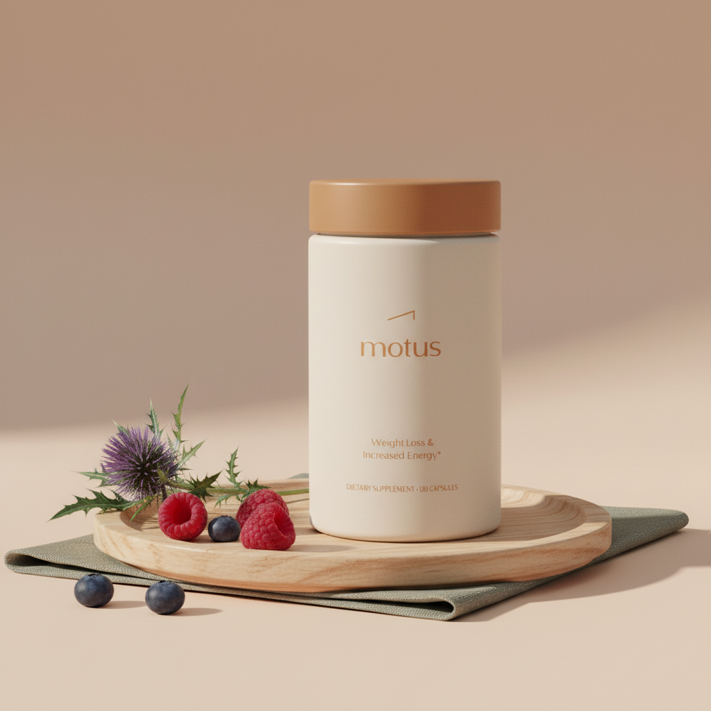Tonum Motus supplement bottle on a wooden tray with milk thistle and berries on a beige background, minimalist health photograph for best B vitamin for weight loss