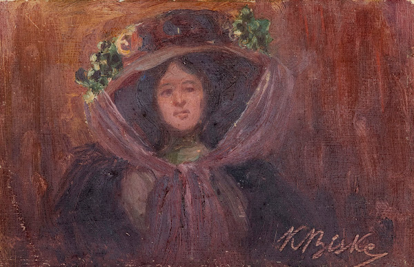 Bust of a woman in a large hat with flowers 1910