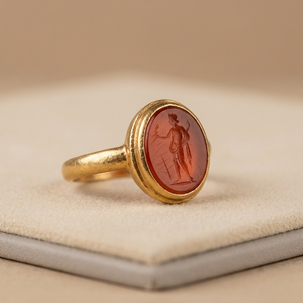 Macro photograph of an authentic roman ring carnelian intaglio showing visible toolmarks and fine engraving on a neutral beige background