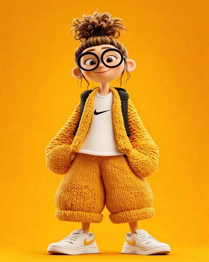 Un simpático personaje de dibujos animados en 3D de una niña pequeña de pie con confianza, vista frontal.