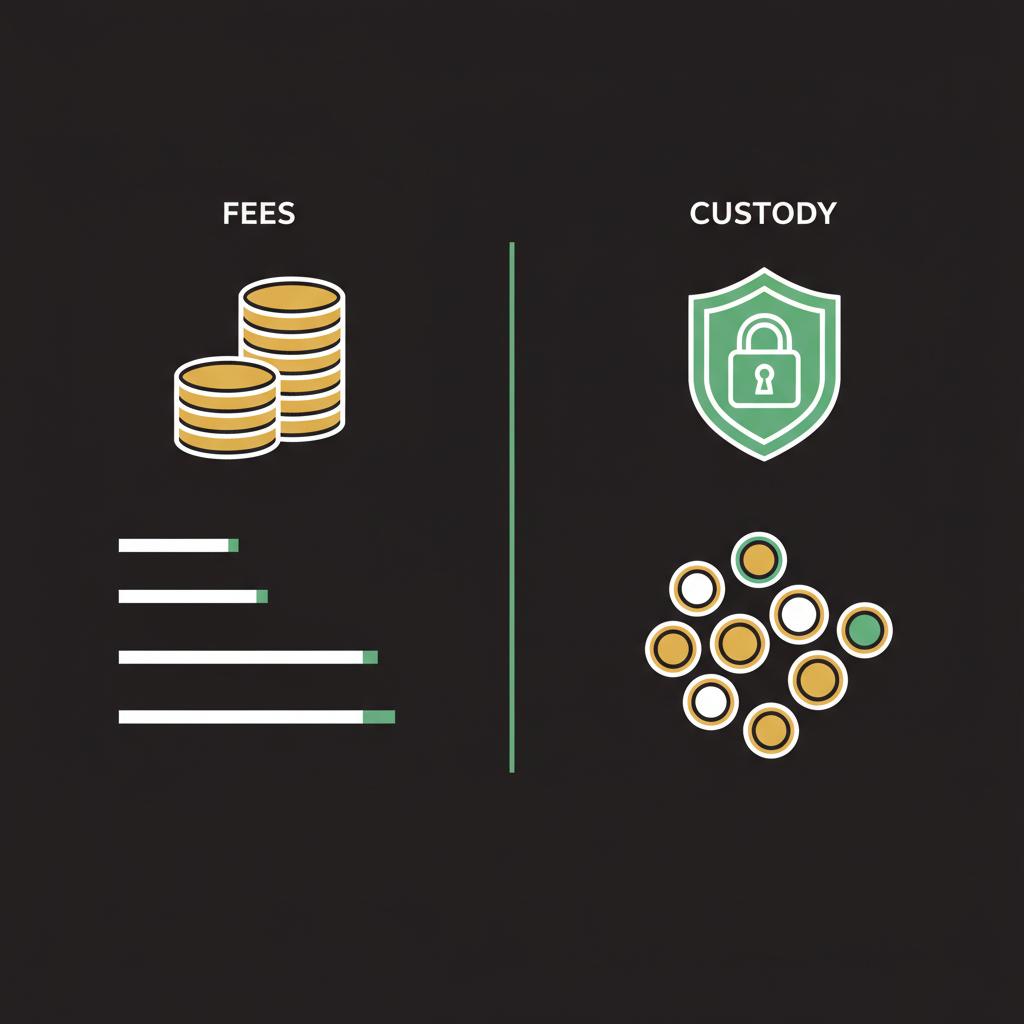 Minimalist 2D vector infographic comparing fees and custody with shield security coin and token icons in Finance Police colors best crypto roth ira