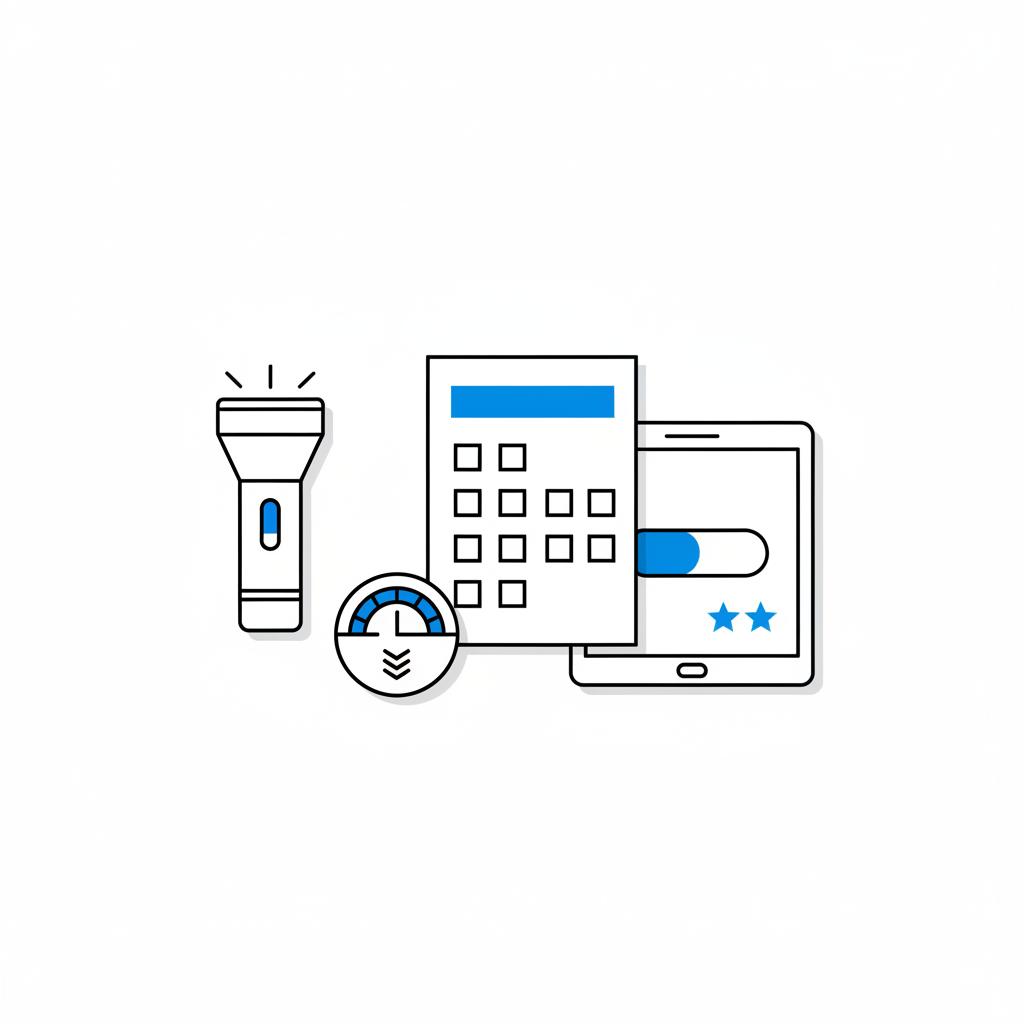 Minimal 2D vector flat lay of inspection tools and a tablet with a blue color coded deal badge on white background for best used car site to buy from