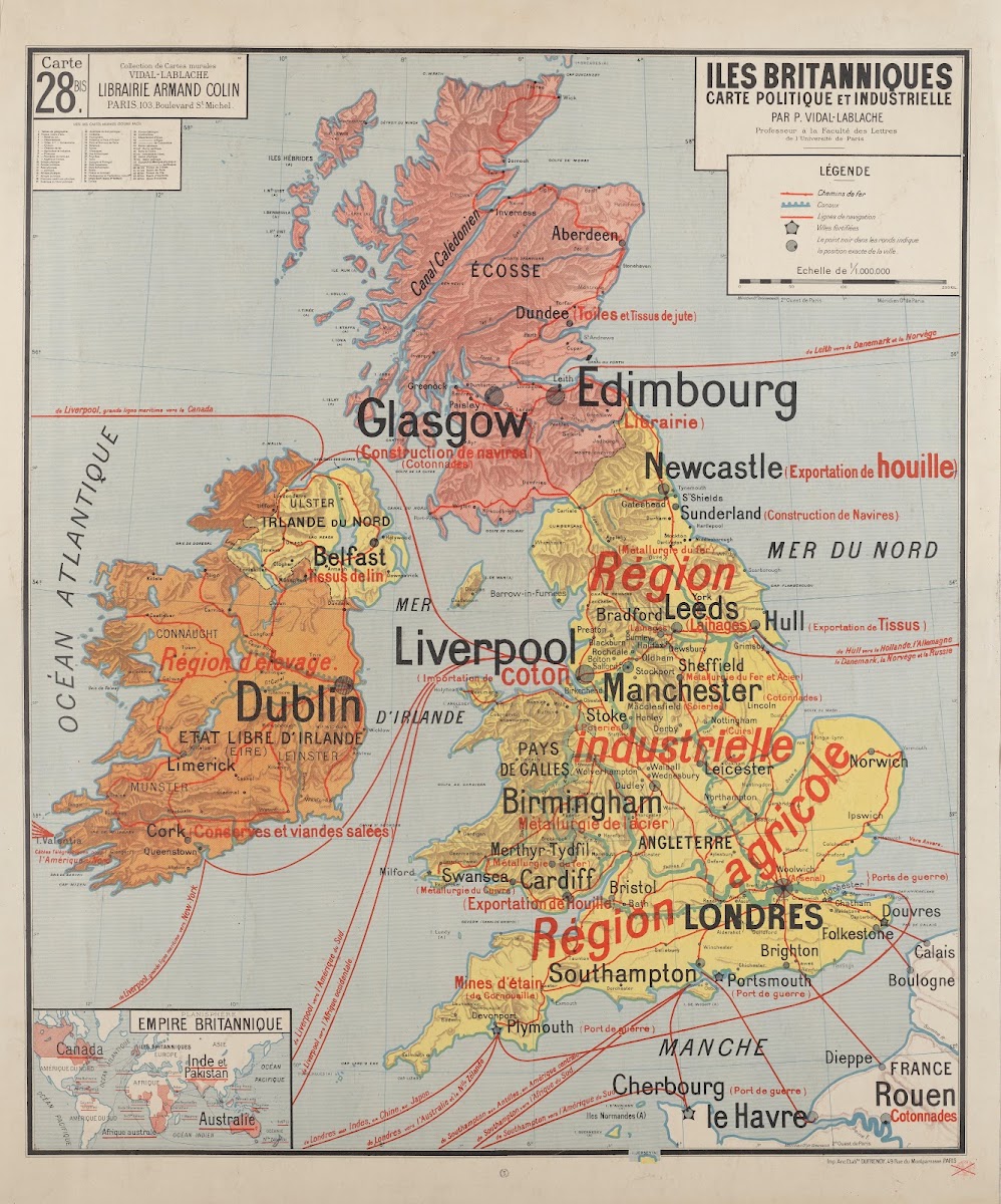 Iles Britanniques carte physique et agricole 1945