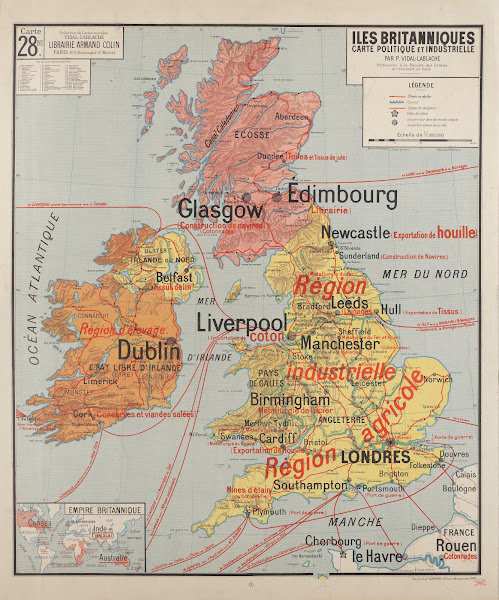 Iles Britanniques carte physique et agricole 1945