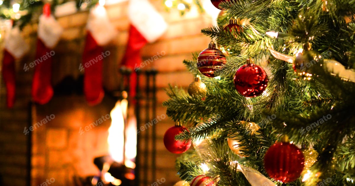 Festive Christmas Tree Near Fireplace With Hanging Stockings Free Download – Envato Elements