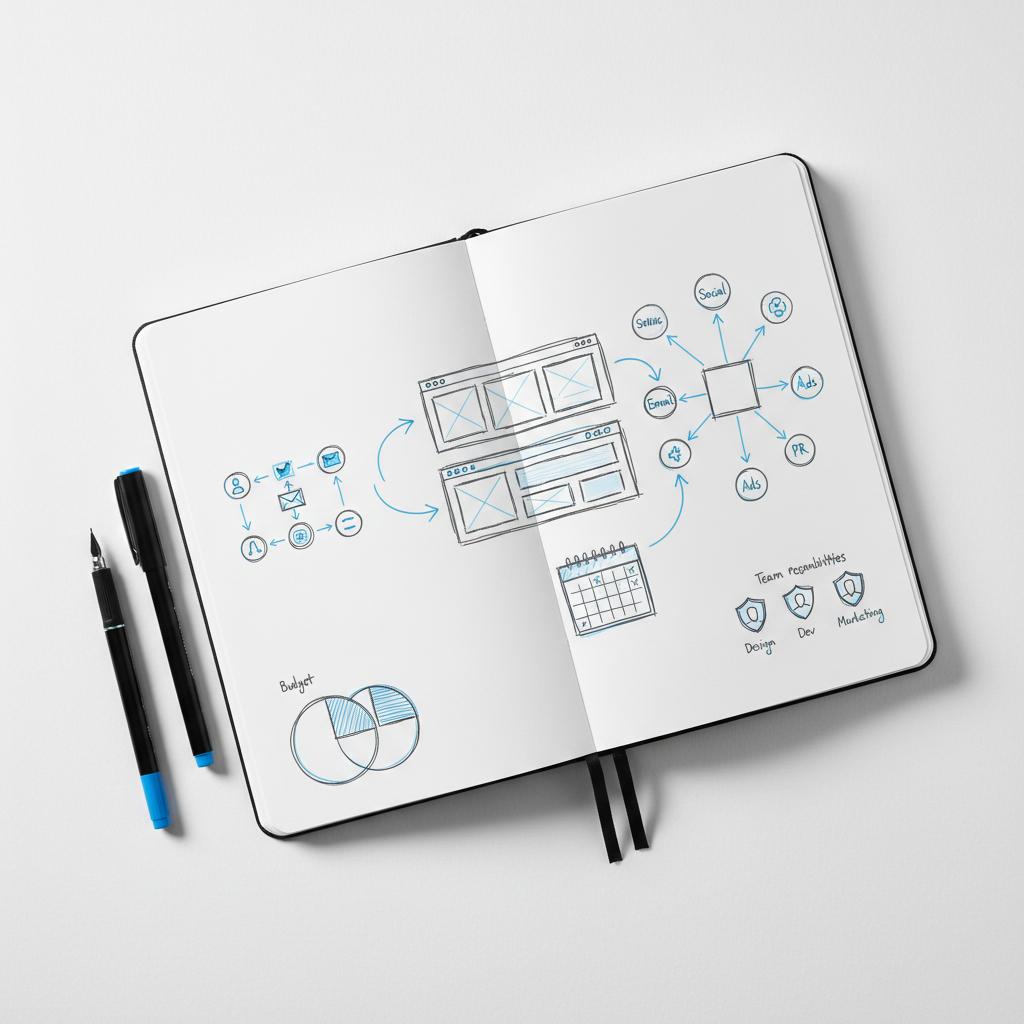 Top-down desk sketch mapping an event landing page flow with rough wireframes, sticky notes, calendar marks and referral arrows, blue #1a5bfb highlights and #39383f ink &mdash; how to promote an event