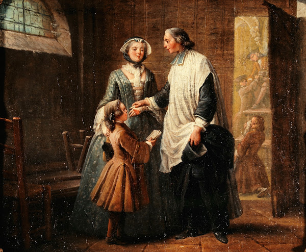 LAbbé de Catéchisme recevant un enfant amené par sa sœurs 1750