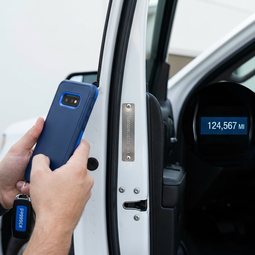 Close up of truck VIN plate and dashboard odometer with a hand scanning the VIN on a smartphone showing mileage for kelley blue book trucks