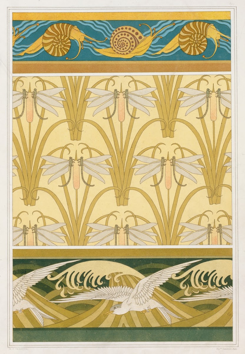 Escargots bordure Libellule et roseaux papier peint Mouettes bordure 1897