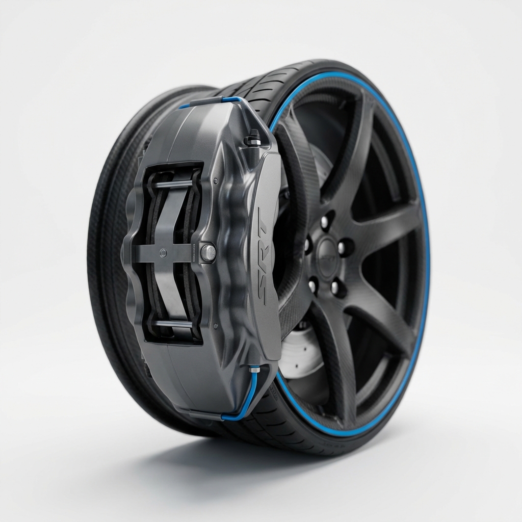 Close up of SRT performance brake caliper and wheel on white background with blue accent 3666ed showing upgraded hardware dodge car dealerships near me