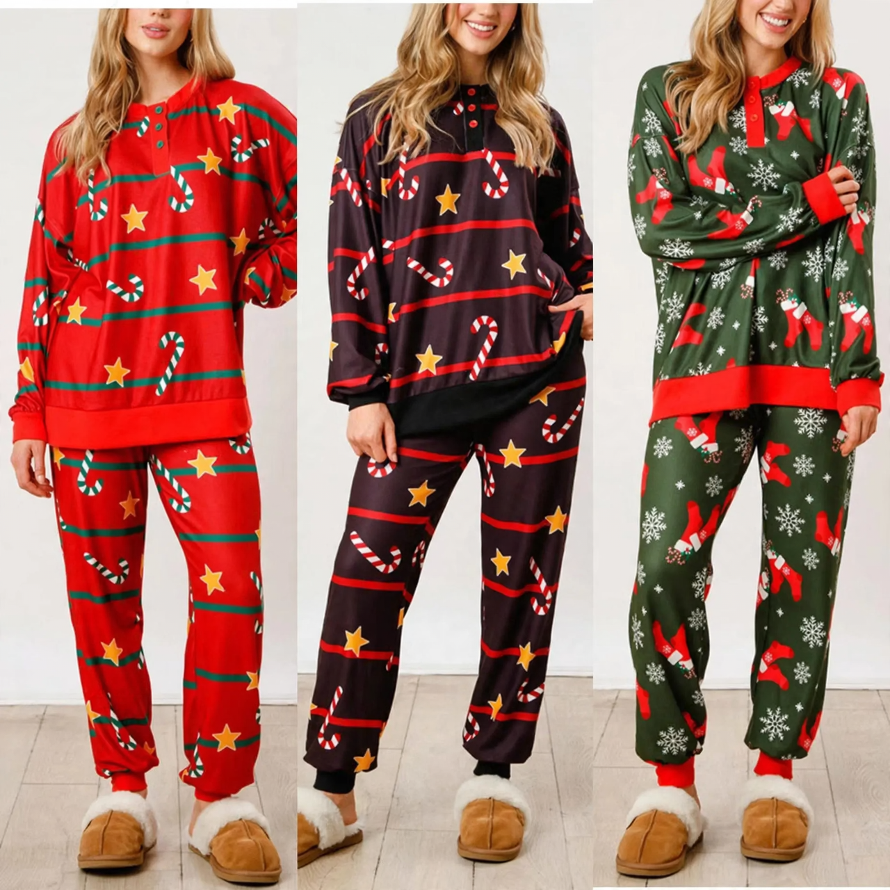 Ladies' loungewear set, long-sleeved, with button placket and print