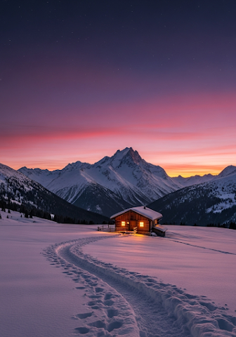 Cozy Winter Cabin Under Starry Sunset Sky