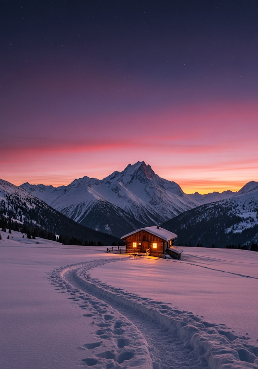 Cozy Winter Cabin Under Starry Sunset Sky