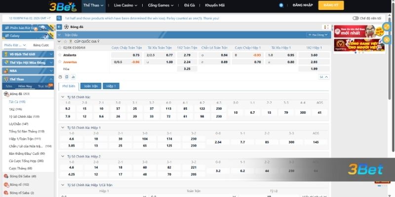 Tỷ lệ kèo Atalanta vs Juventus 03h00 ngày 06/02/2026