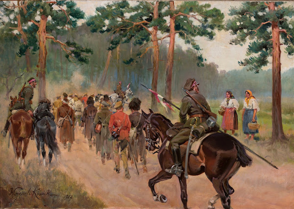 Uhlans escorting captives down a forest track 1927