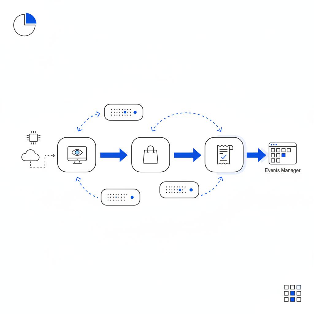 Minimal 2D vector schematic of Meta events audience flow showing pixel and CAPI paths with retargeting arrows and audience boxes on white background in Agency Visible colors.