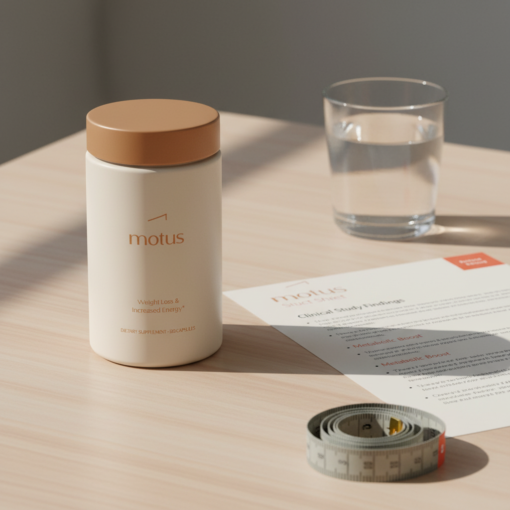 Close realistic photo of Motus supplement jar on a light wooden table next to an open research fact sheet and measuring tape, highlighting OTC weight loss pills.