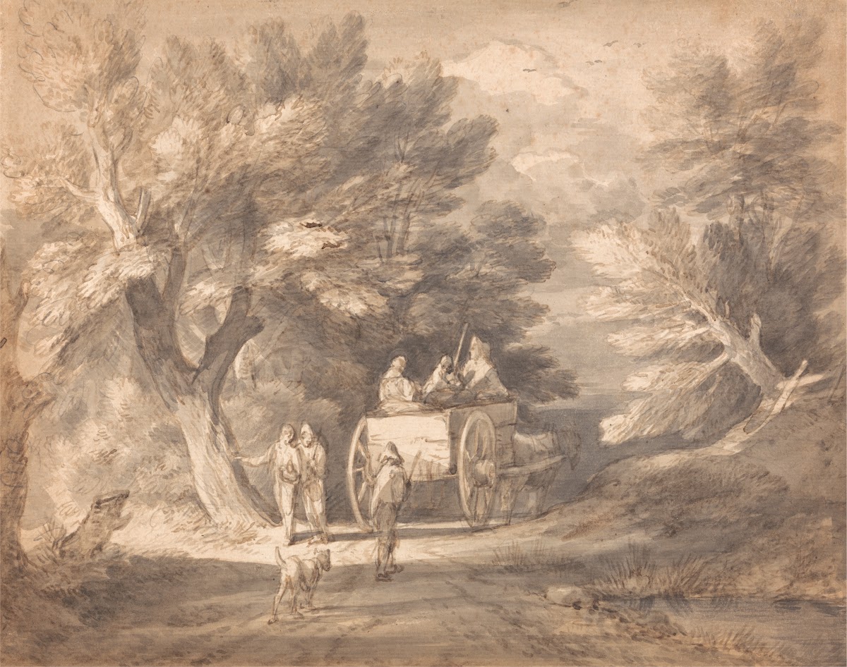 Wooded Landscape with Country Cart and Figures Walking down a Lane ca 1760