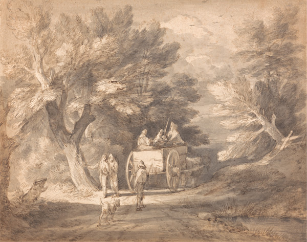 Wooded Landscape with Country Cart and Figures Walking down a Lane ca 1760