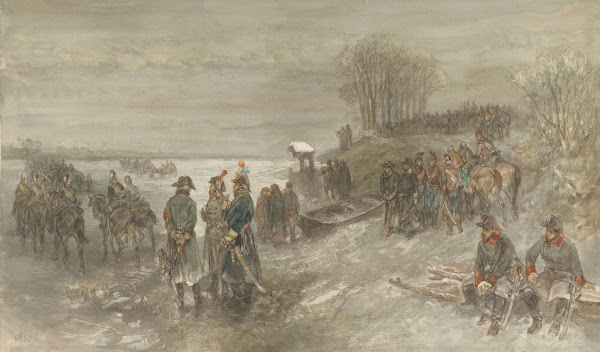 Franse troepen trekken over een bevroren rivier 1888