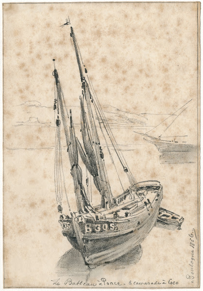 Een zeilboot op het strand bij Boulogne 1856