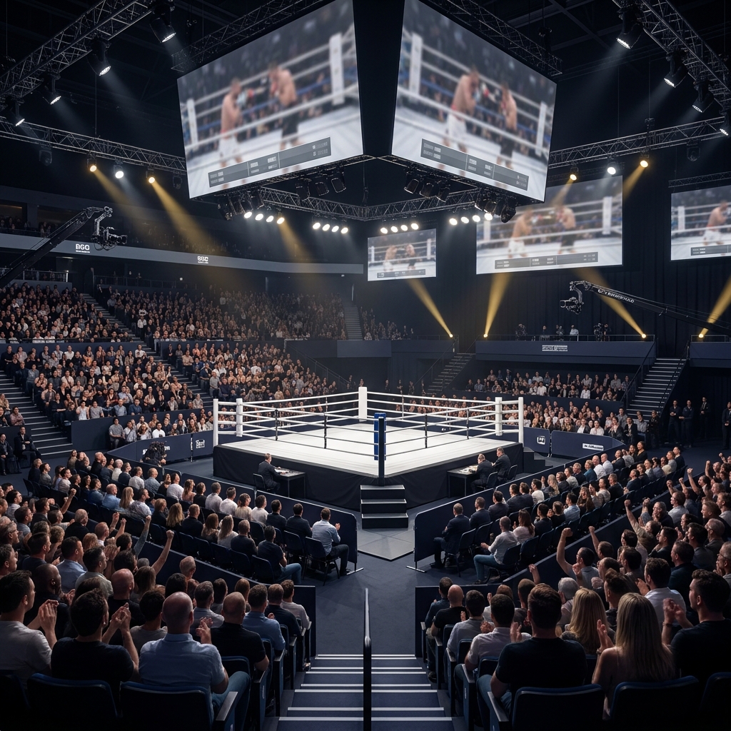 Close cropped full frame photo of a packed boxing arena with a championship ring and large broadcast screens emphasizing event scale ideal for tyson fury odds coverage
