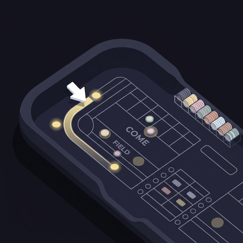 Minimalist 2D vector craps table highlighting pass line and place bet spots with a pointer icon and neat chip stack to show how to bet on craps in Funded Plays brand colors