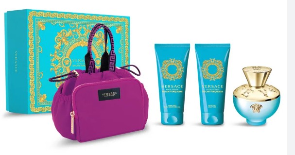 ESTUCHE VERSACE DYLAN TURQUOISE MUJER 4PZS 100ML EDT + CREMA + GEL DE BAÑO + COSMETIQUERA