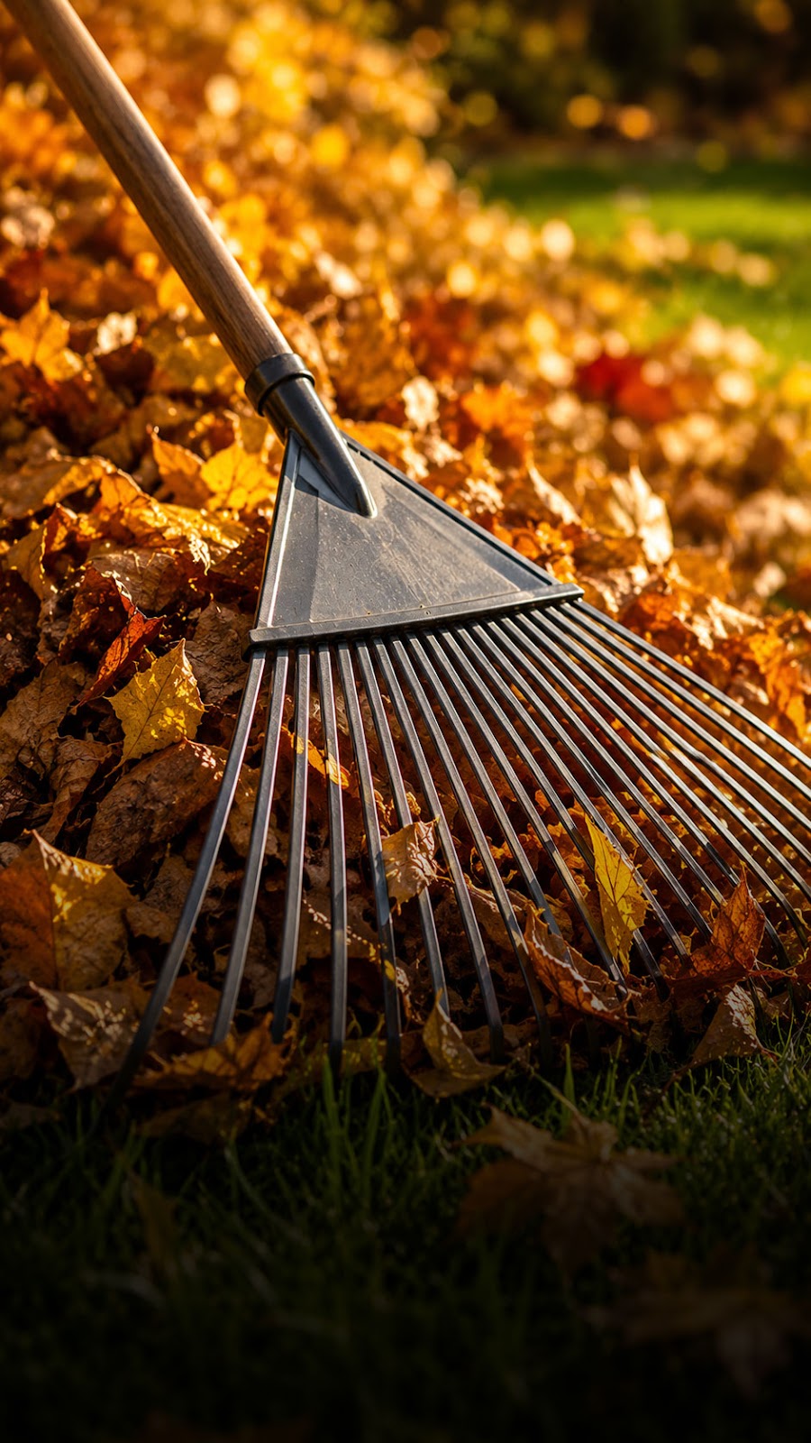 A rake clearing vibrant dry fallen golden maples leaves on the lawn