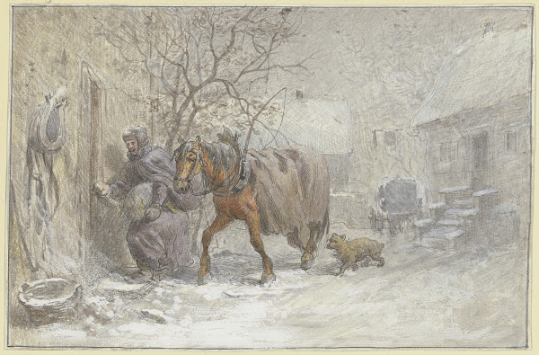 Gutshof im Winter ein Pferd wird vom Kutscher in den Stall geführt