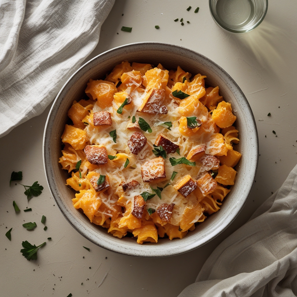 Golden Sweet Potato & Smoked Cheddar Pasta Bake with Brown Butter Sage Crunch