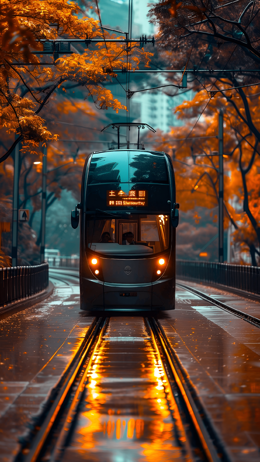 Double Decker Tram on Rainy Autumn City Tracks Reflection - Free 4K mobile Wallpaper