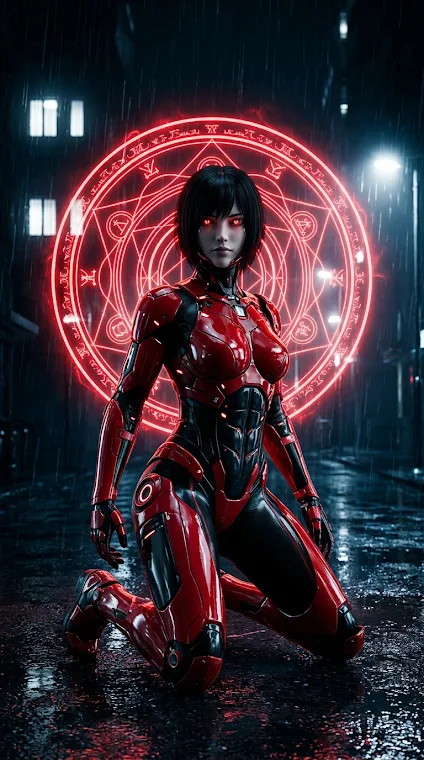 Red Cyberpunk Female Warrior