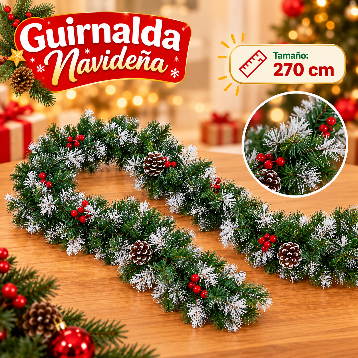 Guirnalda de pino nevado con piñas y frutos rojos 2,7 m