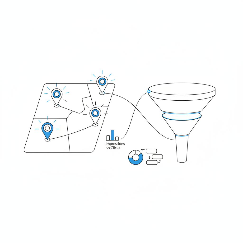 Minimal vector notebook-style sketch of a hometown map with pins on high-value zip codes and a funnel diagram showing conversion rates per area for google ads contractors