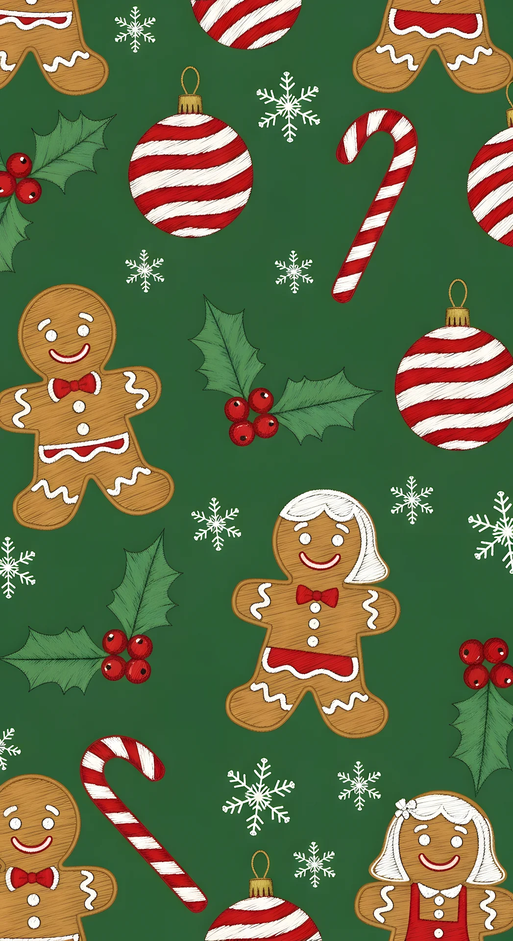 Festive Embroidery Pattern Gingerbread Holly Candy Cane Repeat - Free 4K mobile Wallpaper