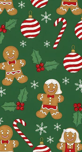 Festive Embroidery Pattern Gingerbread Holly Candy Cane Repeat - Free mobile Wallpaper