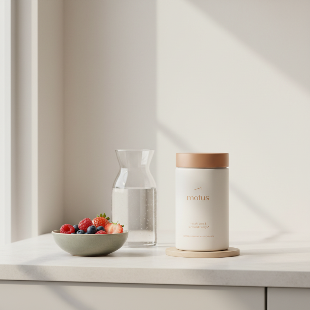 Motus supplement jar with L-carnitine on a tidy kitchen counter beside a bowl of berries and a glass carafe, minimalist lifestyle scene suggesting a mindful weight-loss routine.